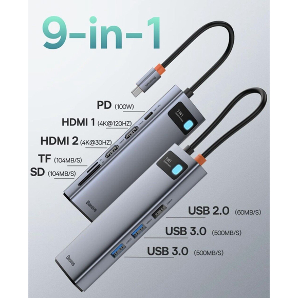 Baseus StarJoy 9-Port Type-C HUB Adapter, Laptop Dual Monitor Docking Station - Picture 2 of 6